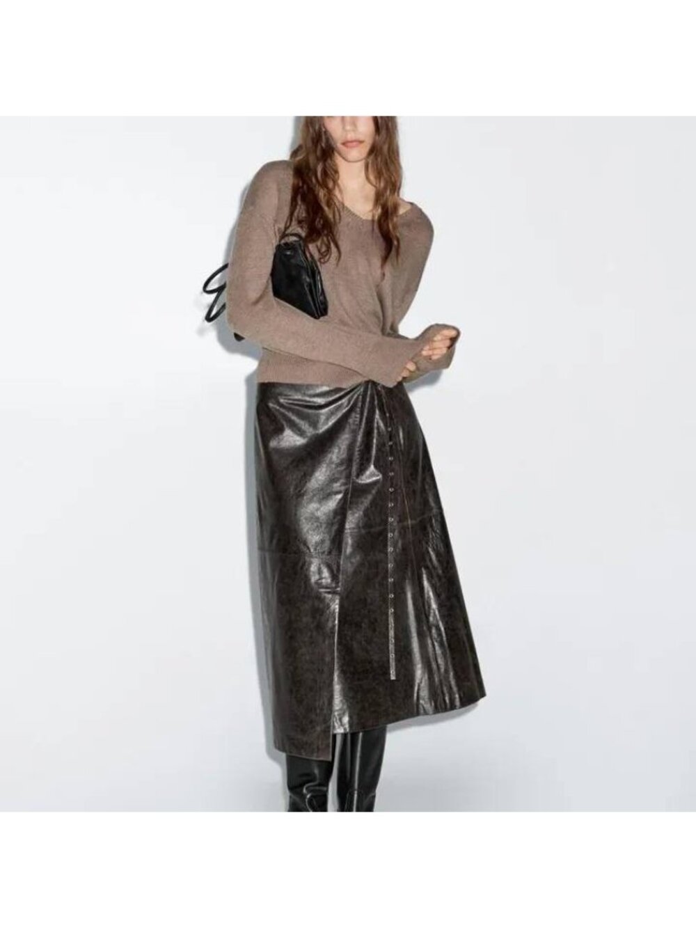 Massimo Dutti Brown Leather Midi Skirt Wraparound S Small 5311/531 NWT